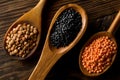 Different assorted lentils mix with red, brown and black beluga lentils in wooden scoops on brown wooden table background top view