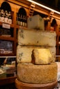 Different Asturian cheeses made from cow, goat and sheep melk on display in farmers cheese shop, Asturias, North Spain Royalty Free Stock Photo