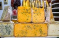 Different Asturian cheeses made from cow, goat and sheep melk on display in farmers cheese shop, Asturias, North Spain Royalty Free Stock Photo