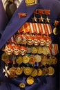 Different awards, orders and medals on the russian army uniform. Memory of awards and medals of World War II and Great