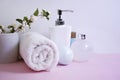 Different bathroom home interior moisturizing natural stylish spa wash accessories on a colored background Royalty Free Stock Photo