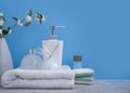 Different bathroom decoration  spa    accessories on a colored background Royalty Free Stock Photo