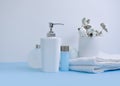 Different bathroom  moisturizing decoration lotion natural     stylish  spa wash accessories on a colored background Royalty Free Stock Photo