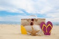 Different beach objects and starfishes on sand near sea Royalty Free Stock Photo