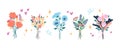 Different beautiful bouquets. Garden Collection of cute various blooming plants. Isolated stems, leaves.