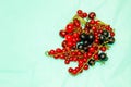 Different berries-cherries, red and black currants on a blue background