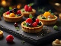 Different berries and fruit Tartlets on a dark table background. Tarts, open pastry pies with fresh berries strawberry, raspberry