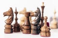 Different black and white wooden chess pieces, horse in the foreground, leadership background Royalty Free Stock Photo