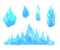 Different blue gas flames set. Hand drawn watercolor sketch illustration Royalty Free Stock Photo