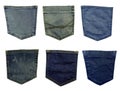 Different blue jeans pockets isolated on white background