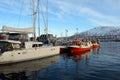 Different boats docket in tromsoe city harbour on a sunny blue day