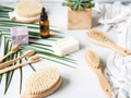 Different body brushes, pumice, bamboo toothbrush, white towel and a piece of soap on a grey background. Zero waste concept. Eco- Royalty Free Stock Photo