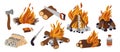 Different bonfires types. Burning campfires. Brushwood and firewood heaps. Various wood materials. Tools for chopping