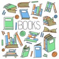 Different books and magazines vector concept in doodle and sketch style, library bookshelfs, bookstore. Hand drawn illustration Royalty Free Stock Photo