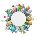 Different Bottles of car maintenance products around empty white circle. Oil, detergents and lubricants.