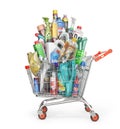 Different Bottles of car maintenance products in the shopping cart on a white background. Oil, detergents and lubricants. 3d