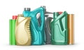 Different Bottles of car maintenance products on a white background. Oil, detergents and lubricants.