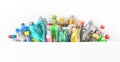 Different Bottles of car maintenance products on a white background. Oil, detergents and lubricants.
