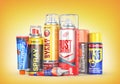 Different Bottles of car maintenance products on a yellow background. Oil, detergents and lubricants.