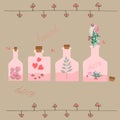 Different bottles with love potion inside.