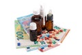 Different Bottles with Pills, Capsules and Medicines on the Euro Banknotes Royalty Free Stock Photo