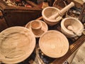 Different bowls and handcrafted wooden utensils handmade by cunqueiros from Degana municipality, Asturias Spain Royalty Free Stock Photo