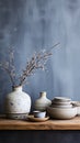 Different bowls table soft grey blue natural light plum blossom
