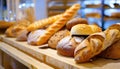 Bread loaves and baguettes in a bakery shop. Generated with AI