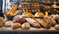 Bread loaves and baguettes in a bakery shop. Generated with AI