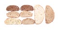 Different bread pieces on white background