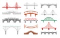 Different bridges flat vector illustrations set. Various bridgeworks isolated on white background. Big urban and small