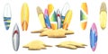 Different, bright, colorful surfboards stuck in the sand on a tropical island. Watercolor illustration hand drawn. A set Royalty Free Stock Photo