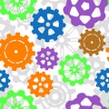 Different, bright gears on a white, light, gray background. Seamless, vector, technological pattern for paper, textiles, plastic