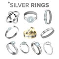 Different Bright Silver Metallic Rings Set Vector
