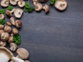 Different brown colored edible mushrooms on black table with herbs. Top view