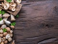 Different brown colored edible mushrooms on wooden table with herbs. Top view