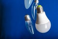 Different bulbs fall down. Electric lighting. Blurred background. Power saving LED lamps in comparison with incandescent lamps.