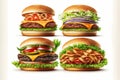 Different burger on white background for party