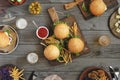 Different burgers with snacks and beer Royalty Free Stock Photo