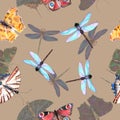 Different butterfly on beige background. Seamless pattern.