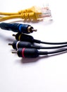 Different cables for connecting different connectors for connecting electronic boards, audio and video inputs, isolated, copy Royalty Free Stock Photo
