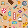 Different candies, sweets and cakes - seamless pattern. Icons and pictograms for the holidays and parties.