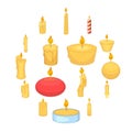 Different candle icons set, cartoon style