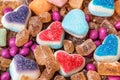 Different candy and sugar sweets, lovely tasty jelly hearts