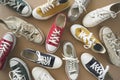 Different canvas shoes on background Royalty Free Stock Photo