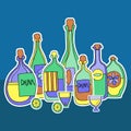 Different cartoon bottles and glasses. Vector illustration.