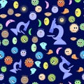 Different cartoon microbes seamless pattern. Pandemic Backteria. Germs Backterial Mickroorganism. Bacterium Monsters Royalty Free Stock Photo