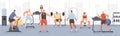 Different cartoon people exercising at modern gym vector flat illustration. Athletic man and woman on training apparatus