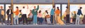 Different cartoon people go by public transport vector flat illustration. Crowd of passengers characters inside city bus Royalty Free Stock Photo