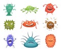 Different cartoon viruses mascots and flu microbes. Vector characters design set Royalty Free Stock Photo